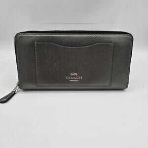 Coach Accordion Wallet Zip Around Gunmetal Metallic Pebbled Leather F54007